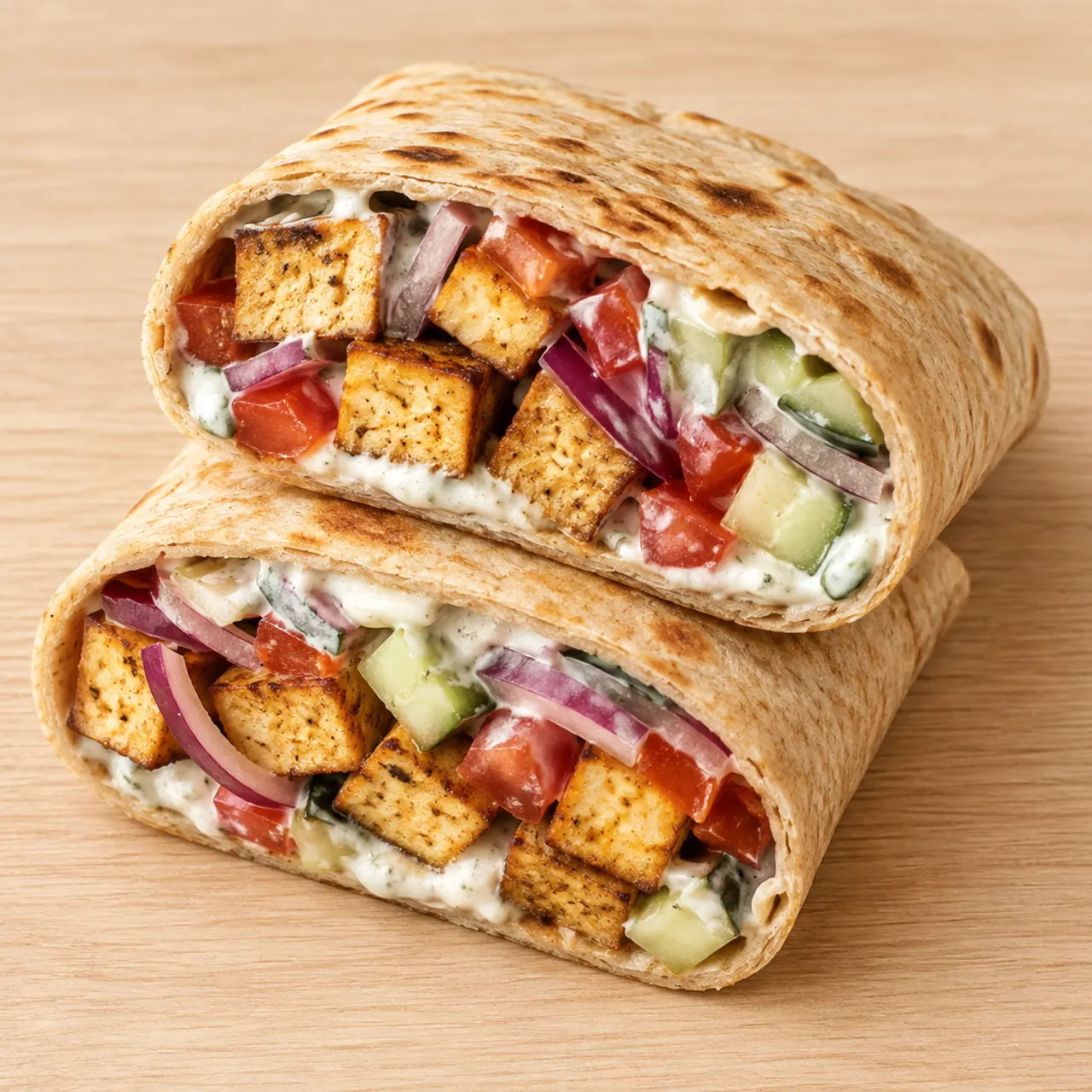 High protein Tex-Mex Tofu Lavash Wraps with Quick Tzatziki, Tomatoes and Red Onion