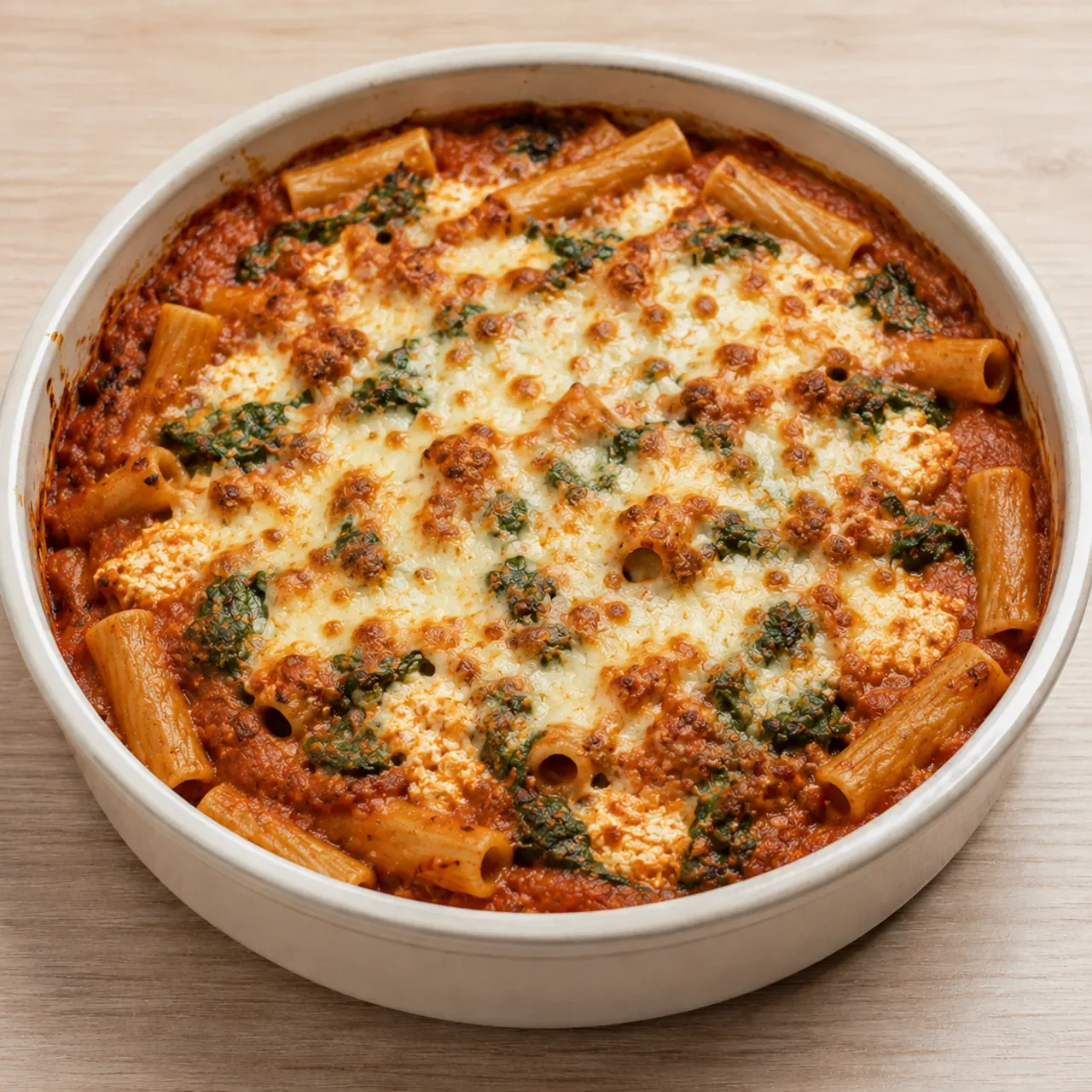 Whole Wheat Baked Ziti with Lentils, Spinach and Cottage Cheese