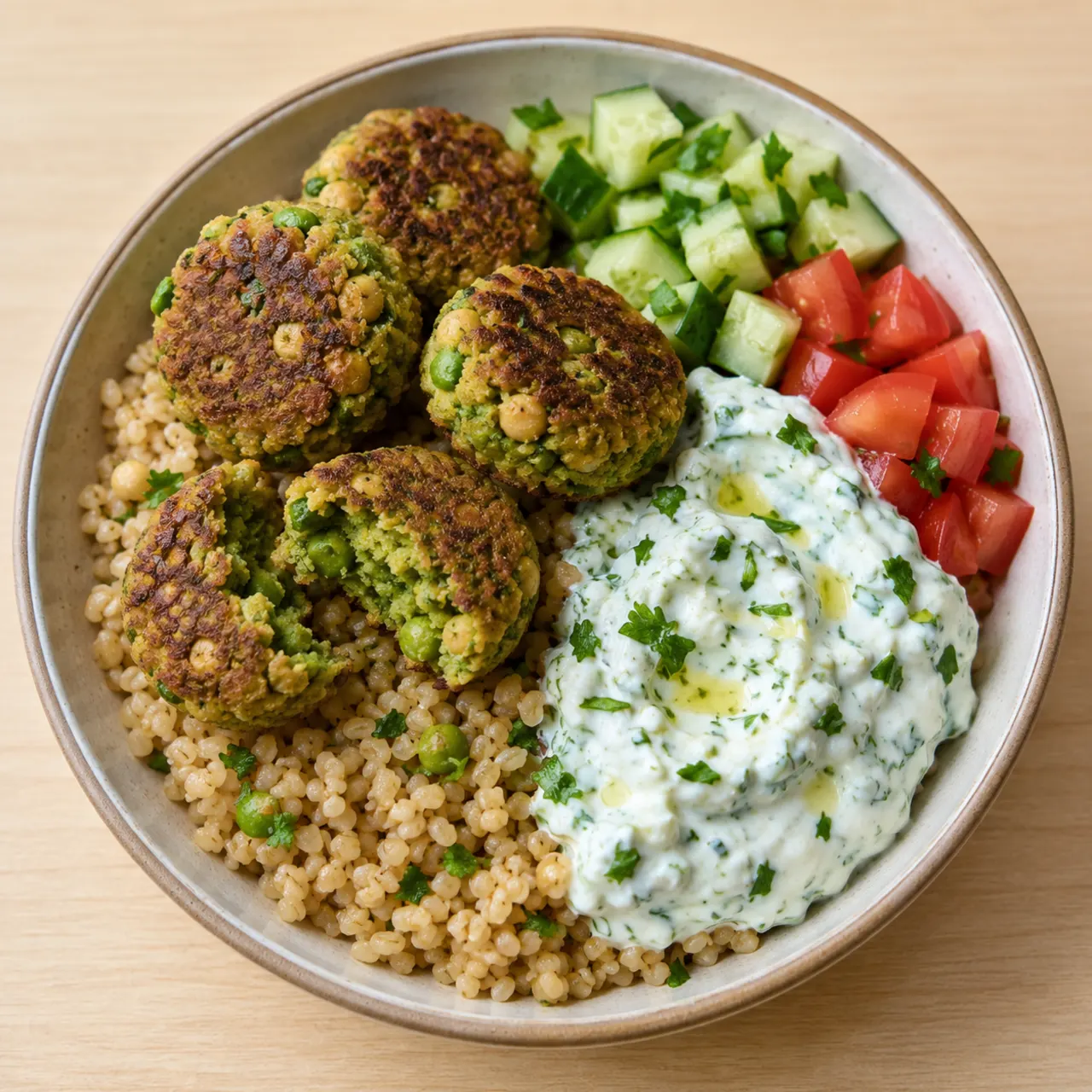 Green Pea Falafel Bulgur Bowl with Herbed Skyr