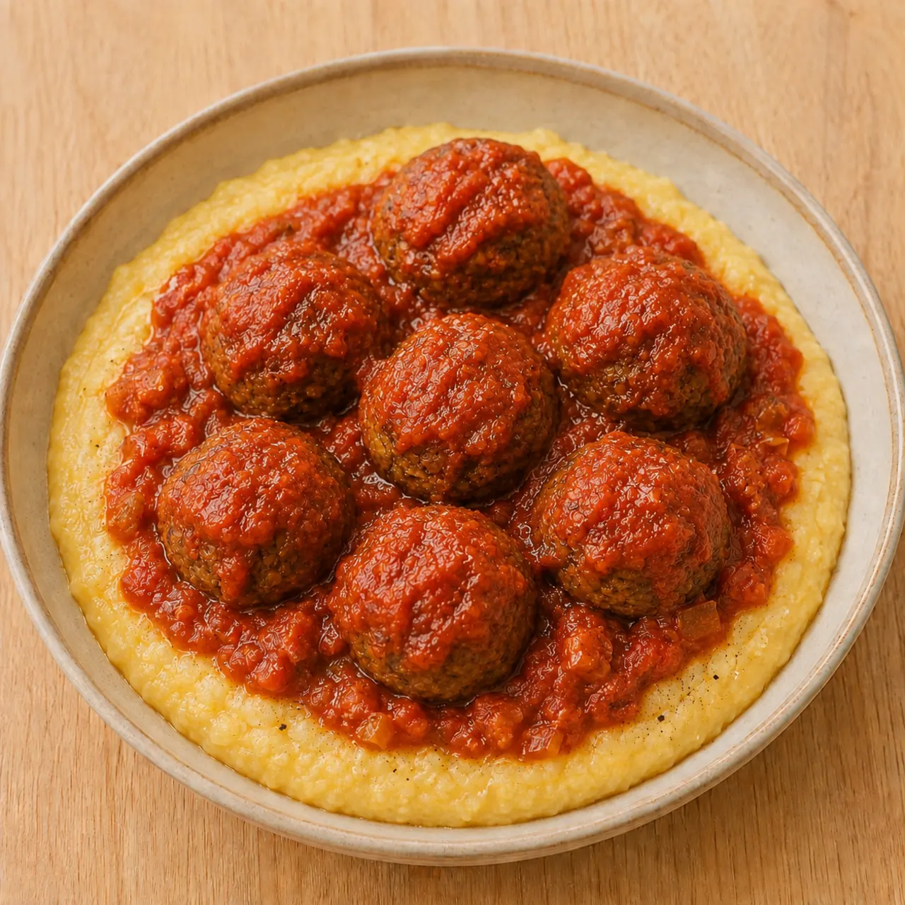 Lentil and Walnut Meatballs with Polenta and Tomato Sauce