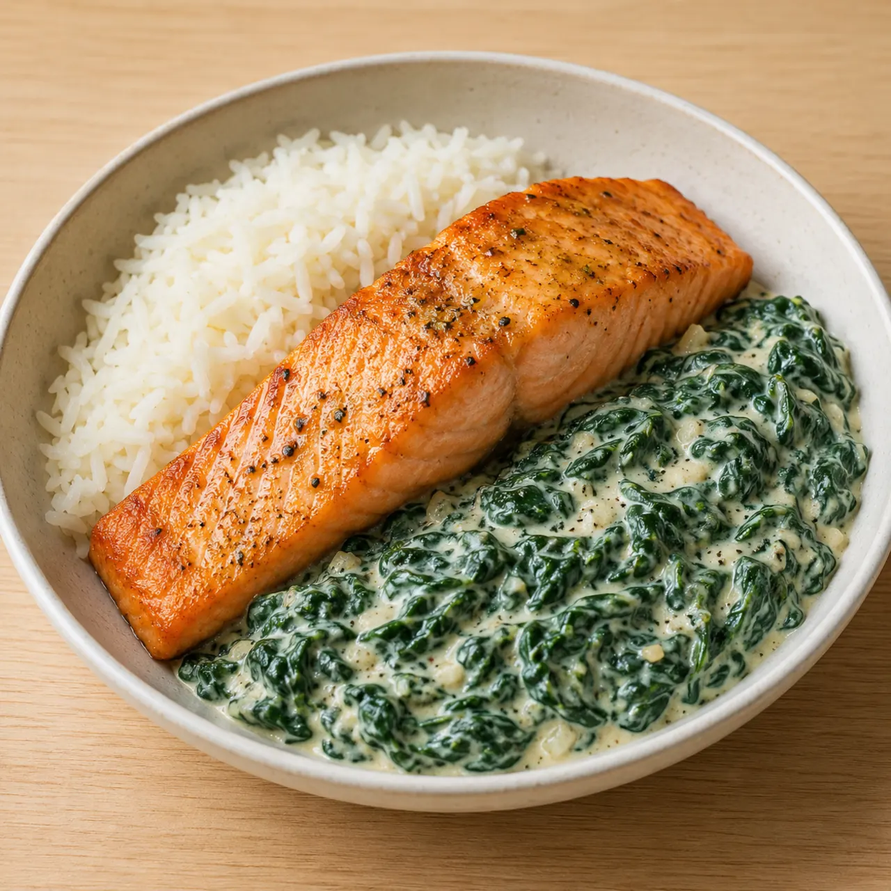 Pan-Seared Salmon with Rice and Creamy Oat Spinach
