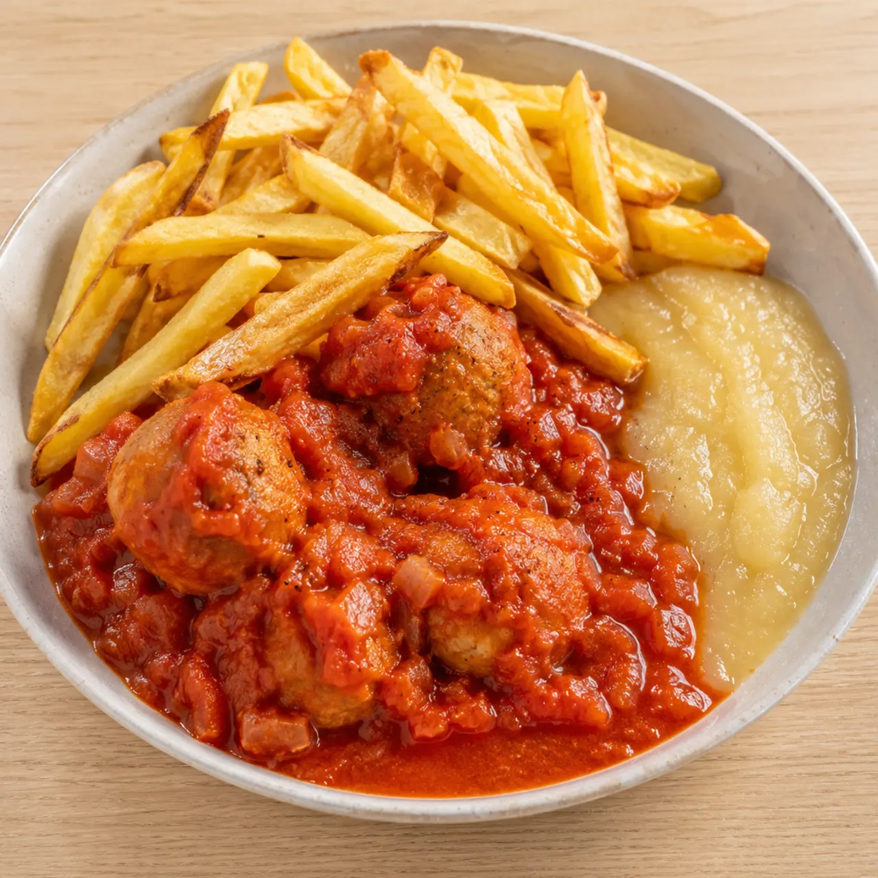 Belgian Chicken Meatballs with Tomato Sauce, Homemade Fries and Applesauce