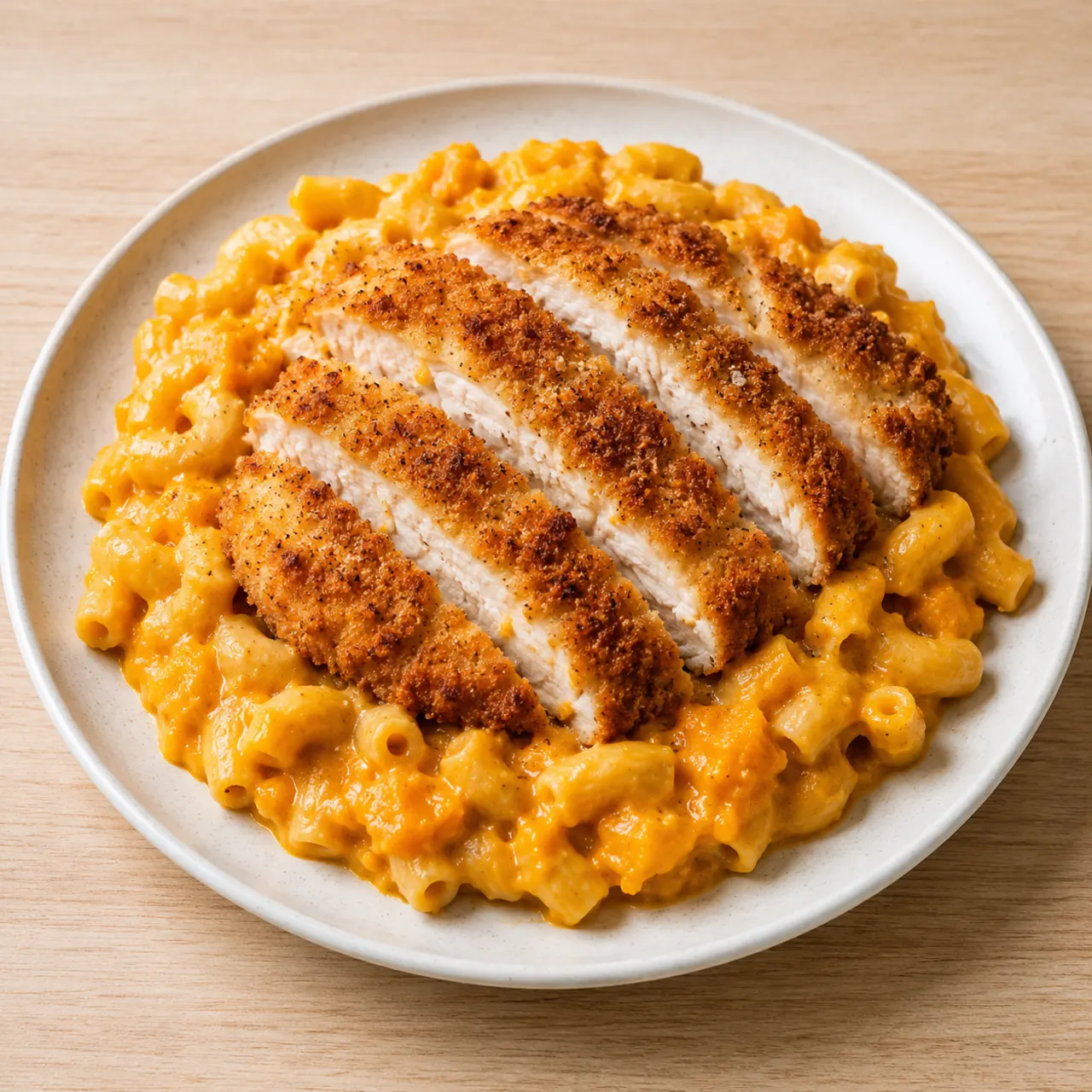 Breaded Chicken with Chickpea-Lentil Pasta and Creamy Butternut Carrot Sauce