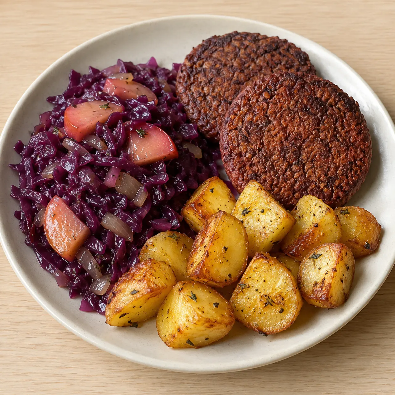 Braised Red Cabbage and Apple with Roasted Potatoes with quorn burgers
