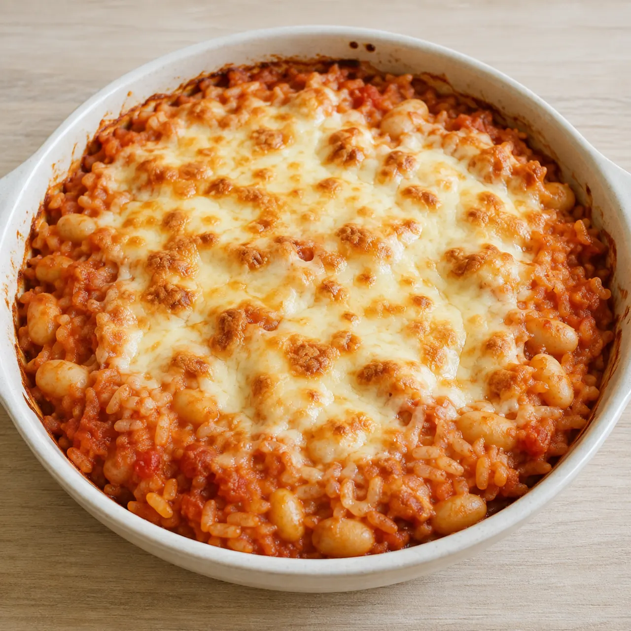 Tomato-Baked Rice with White Beans and Mozzarella