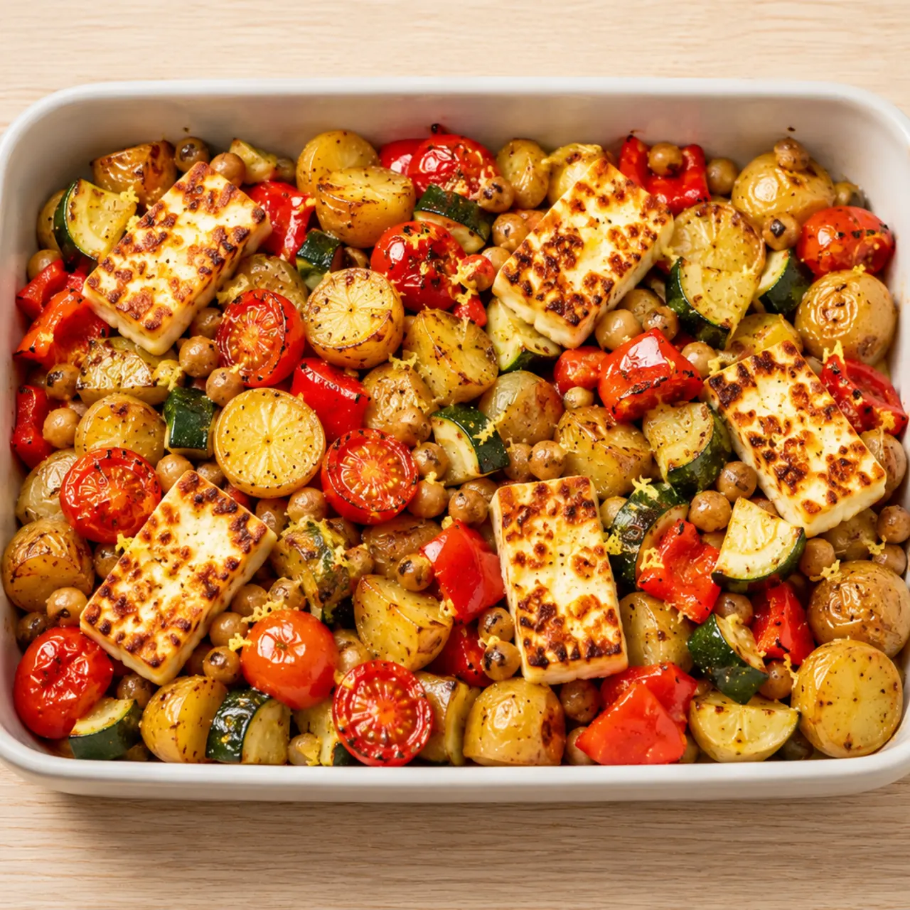 Lemony Halloumi Tray Bake with Chickpeas and Summer Vegetables