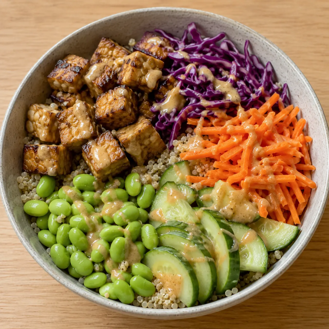 Tempeh and Edamame Buddha Bowl with Light Peanut Sauce