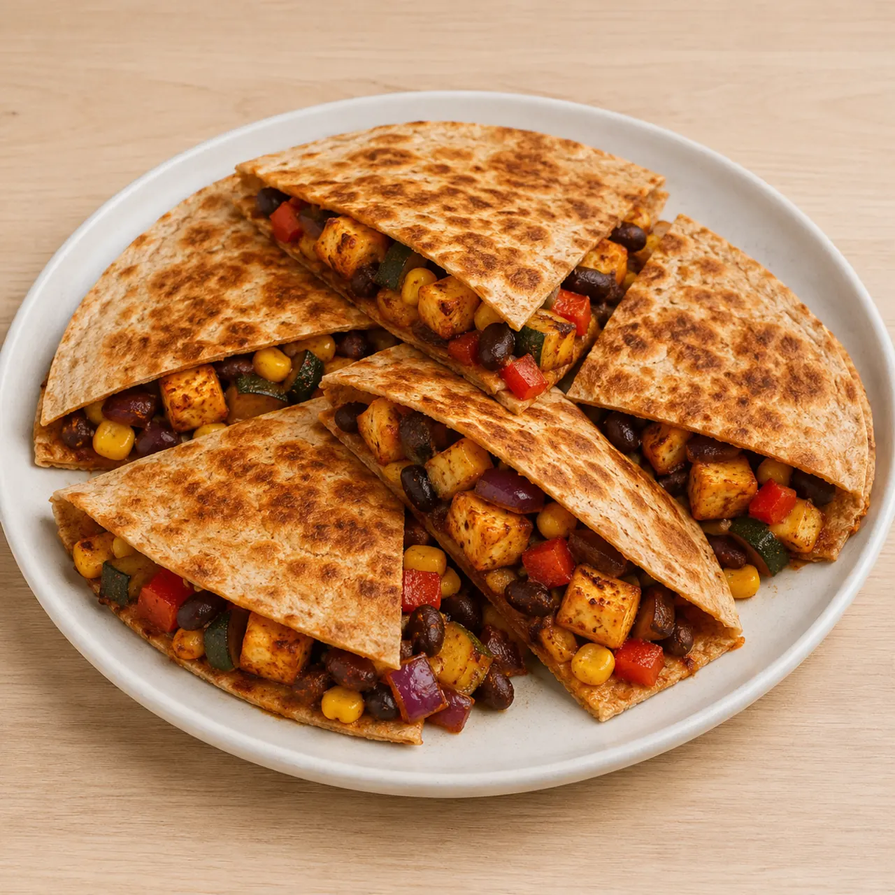 Paneer, Black Bean & Sweetcorn Quesadillas with Sautéed Vegetables
