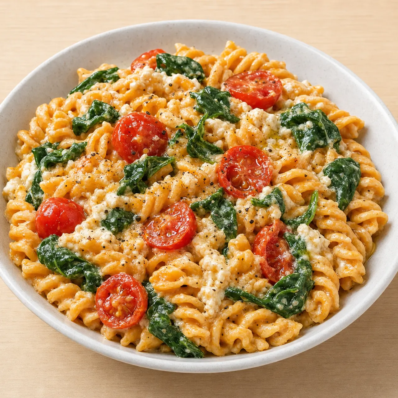 Creamy Red Lentil Pasta with Spinach, Cherry Tomatoes and Cottage Cheese