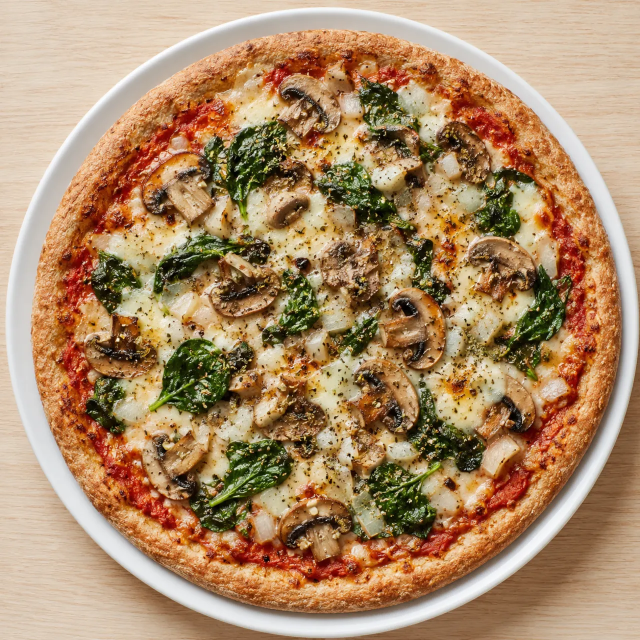 Vegetarian Protein-Boost Pizza with Homemade Tomato Sauce, Mozzarella, Mushrooms & Spinach