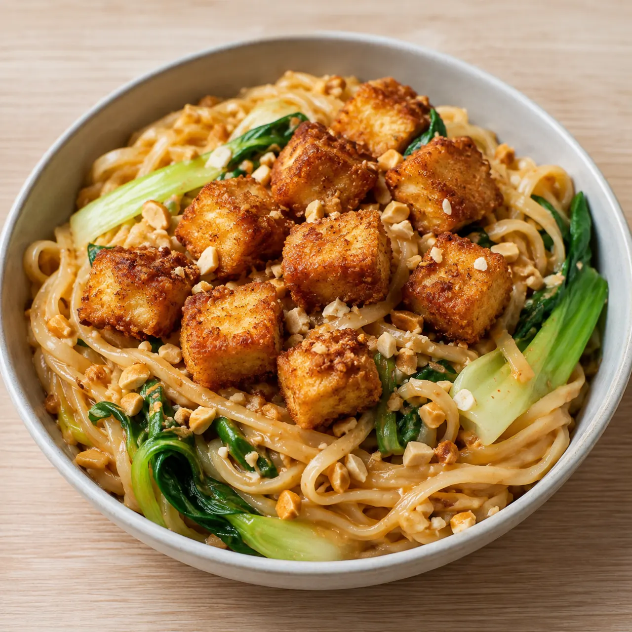 Thai Peanut Noodles with Crispy Tofu and Bok Choy