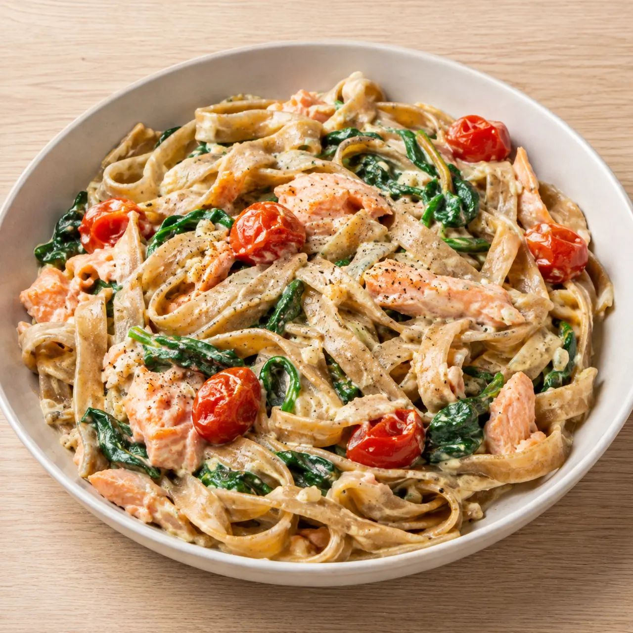 Creamy Whole Wheat Tagliatelle with Salmon, Spinach and Tomatoes
