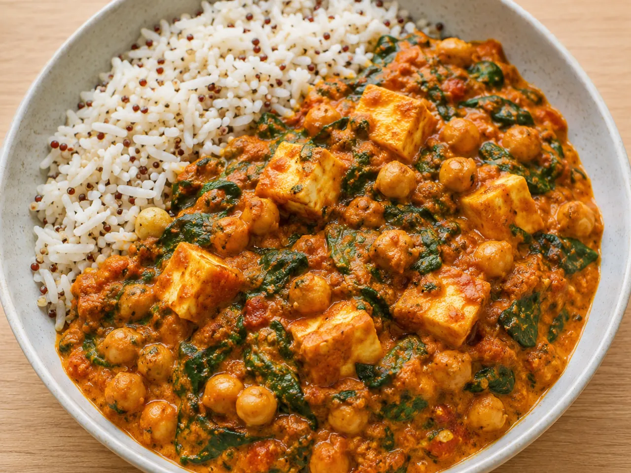 Chickpea, Spinach and Paneer Curry with Rice-Quinoa