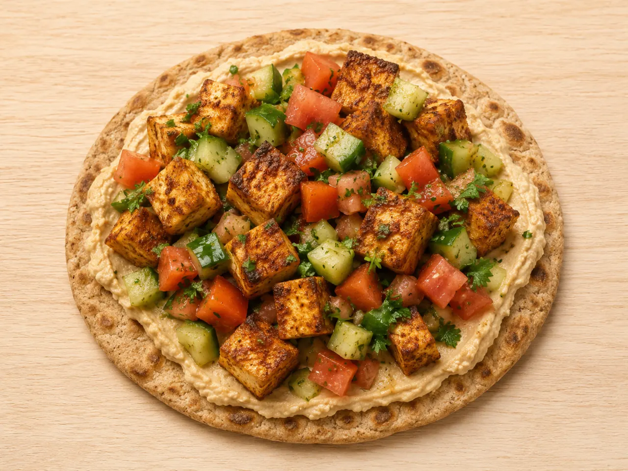 Skillet Flatbreads with Hummus, Smoky Tofu and Cucumber