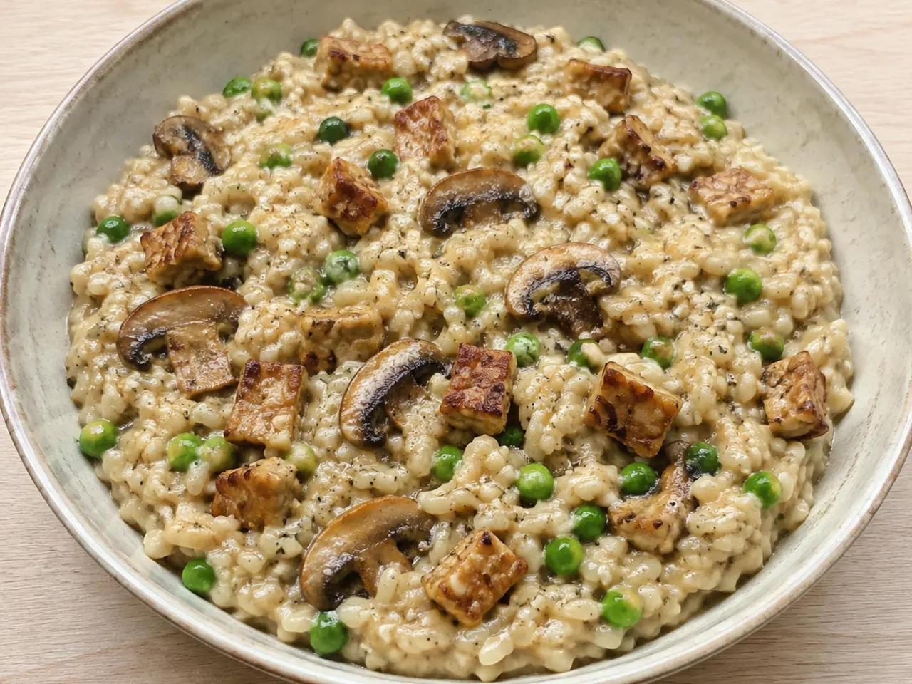 Brown Rice Risotto with Tempeh, Mushrooms and Peas