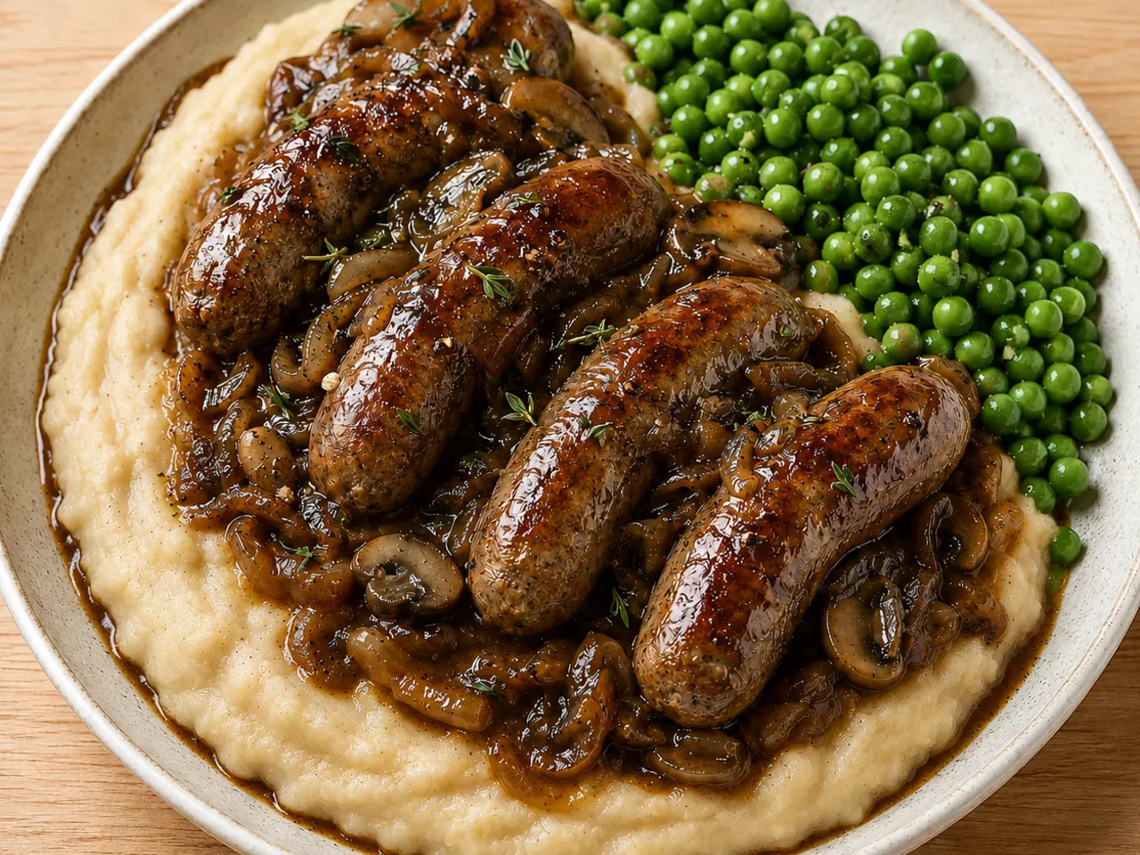 Bangers and Bean Mash with Onion-Mushroom Gravy