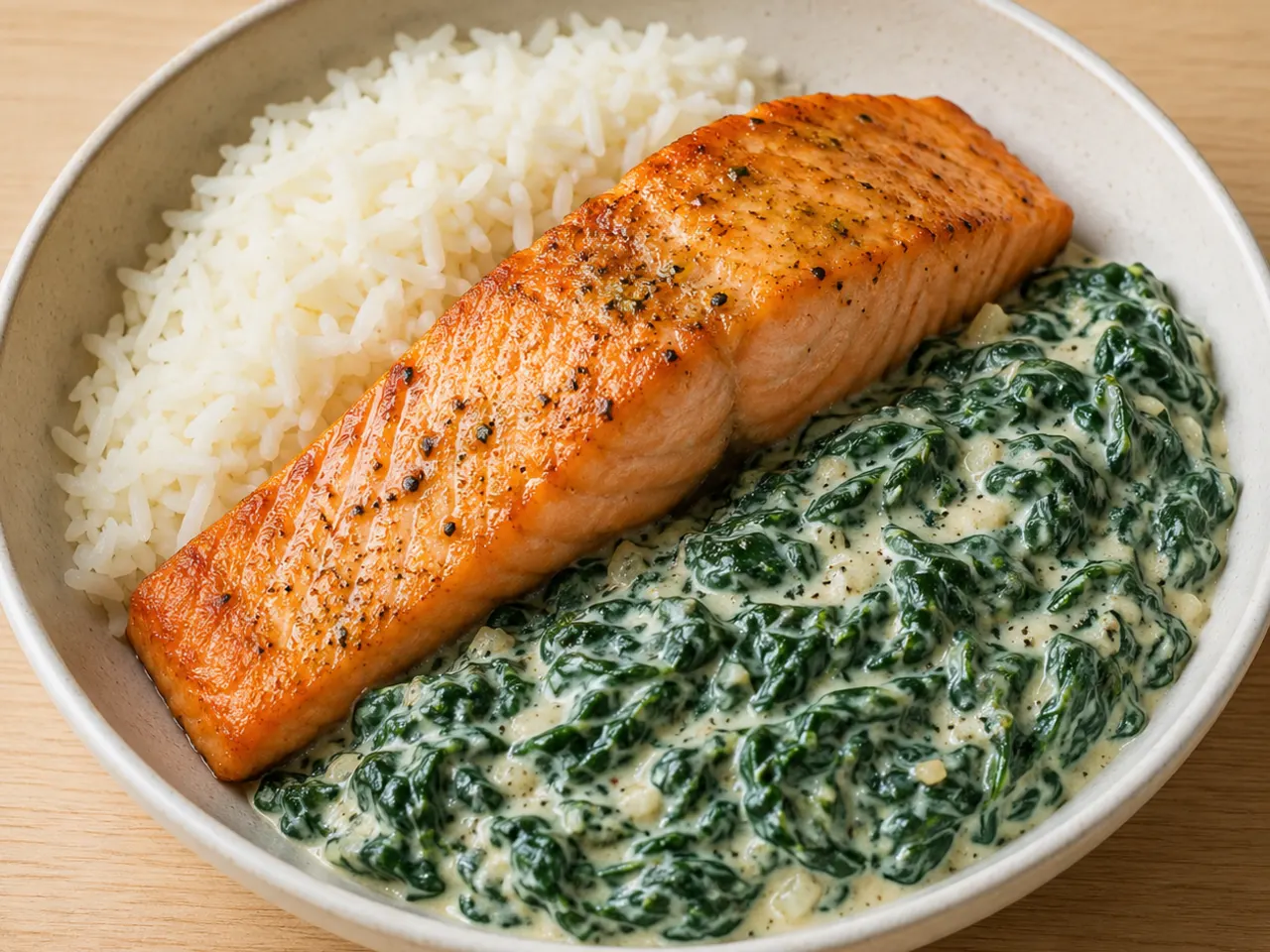 Pan-Seared Salmon with Rice and Creamy Oat Spinach