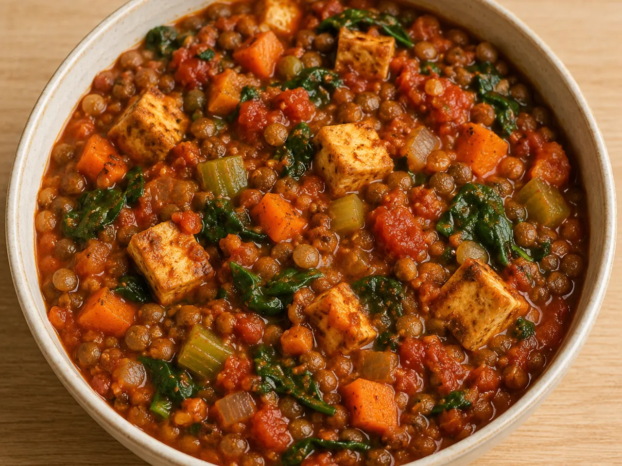 High-Protein Lentil, Tomato and Spinach Bean Stew