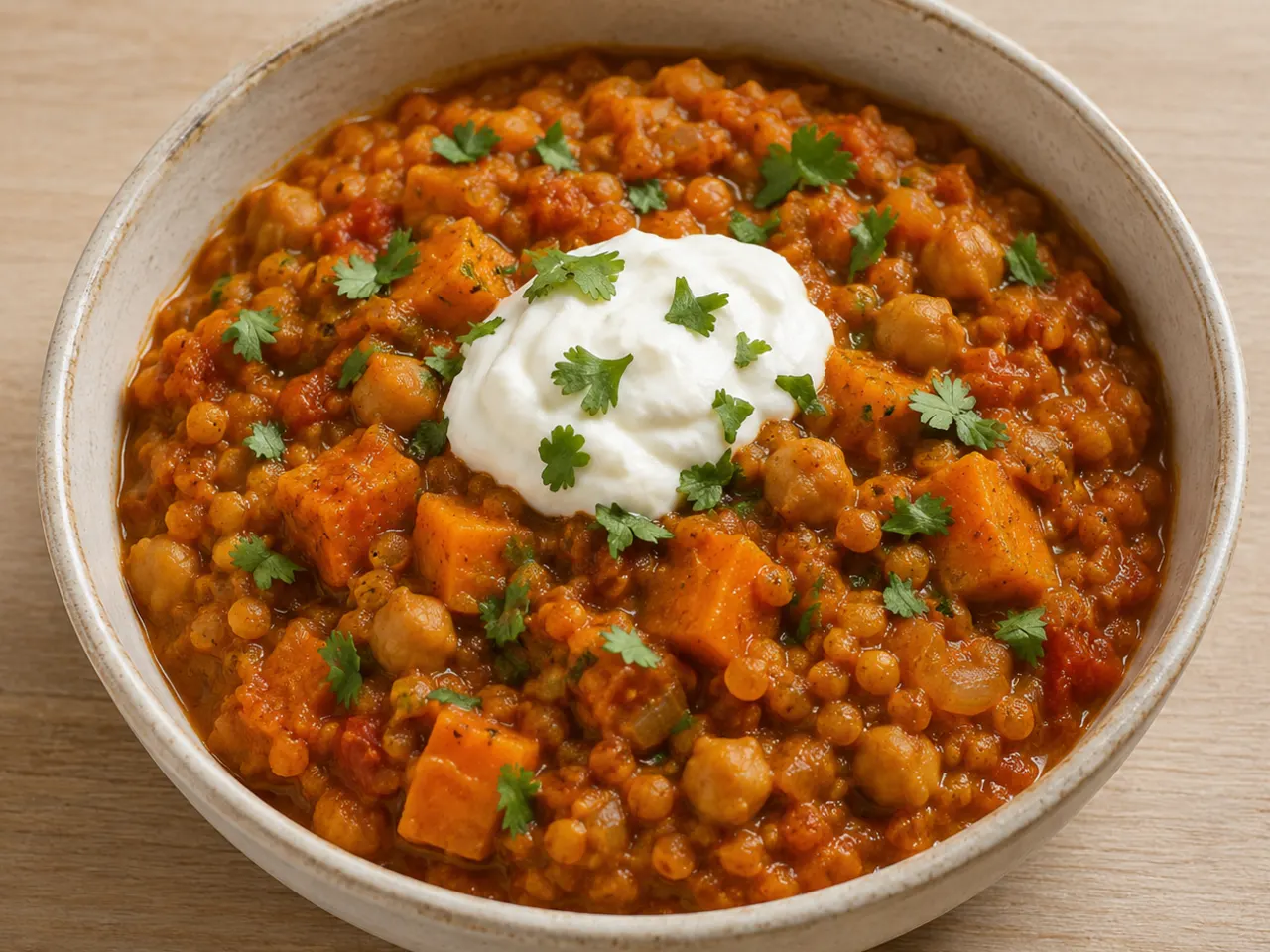 Red Lentil, Sweet Potato and Chickpea Curry with Greek Yogurt