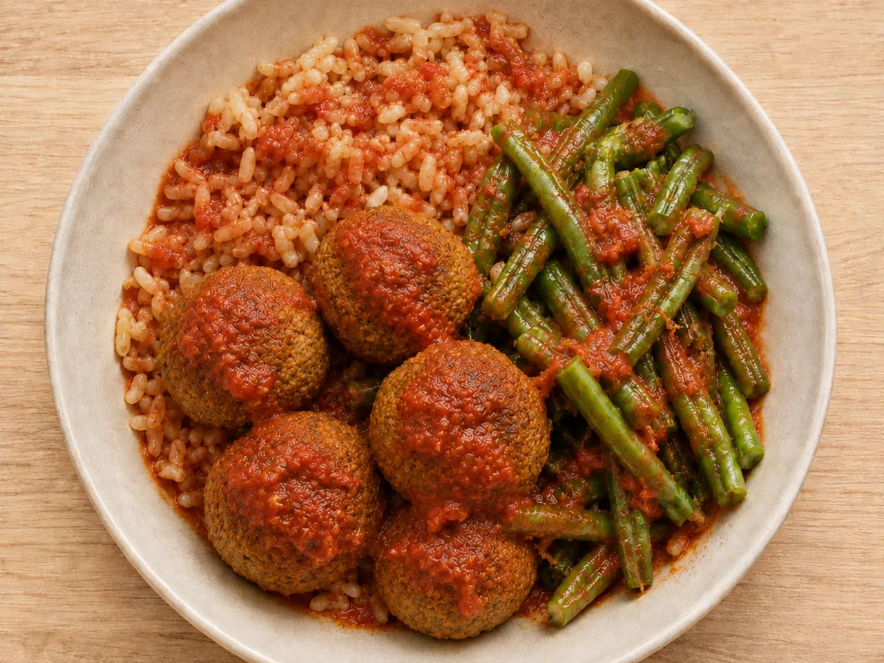 Lentil and Tofu Balls with Green Beans and Brown Rice