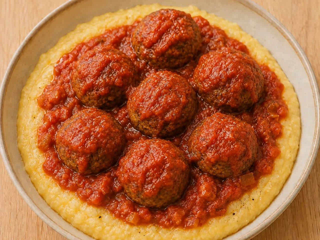 Lentil and Walnut Meatballs with Polenta and Tomato Sauce