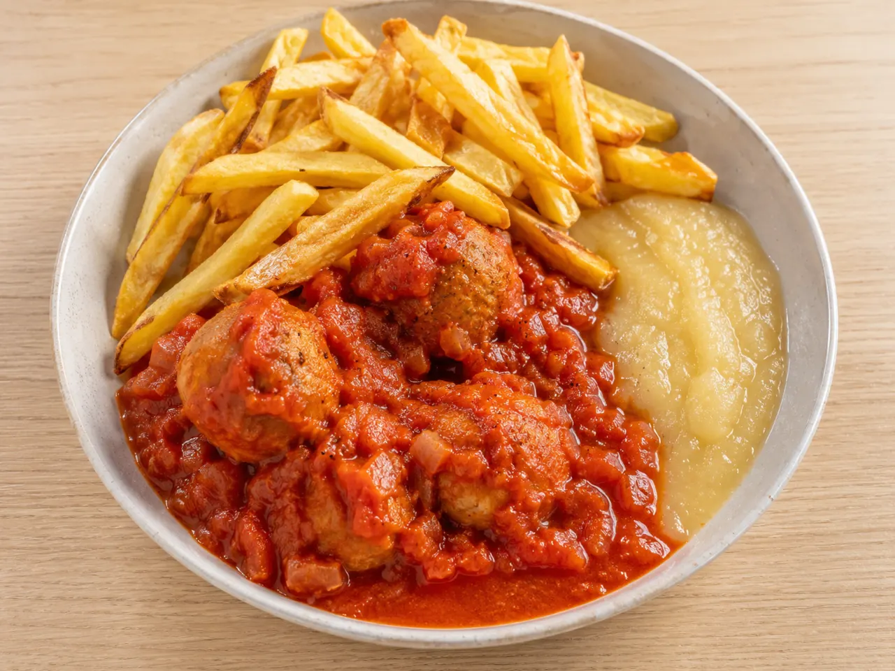 Belgian Chicken Meatballs with Tomato Sauce, Homemade Fries and Applesauce