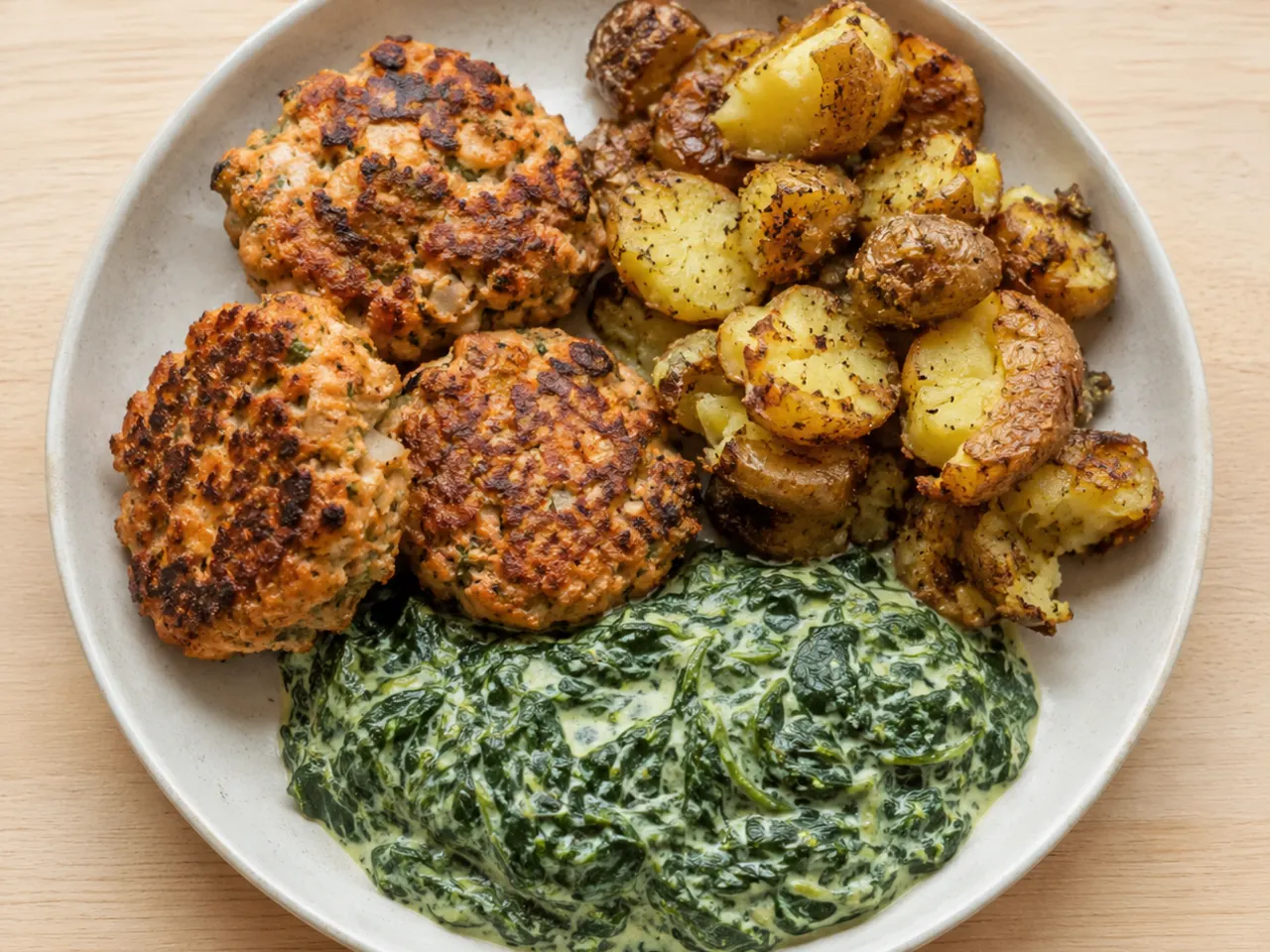 Lemon-Dill Salmon Patties with Creamed Spinach and Roasted Potatoes