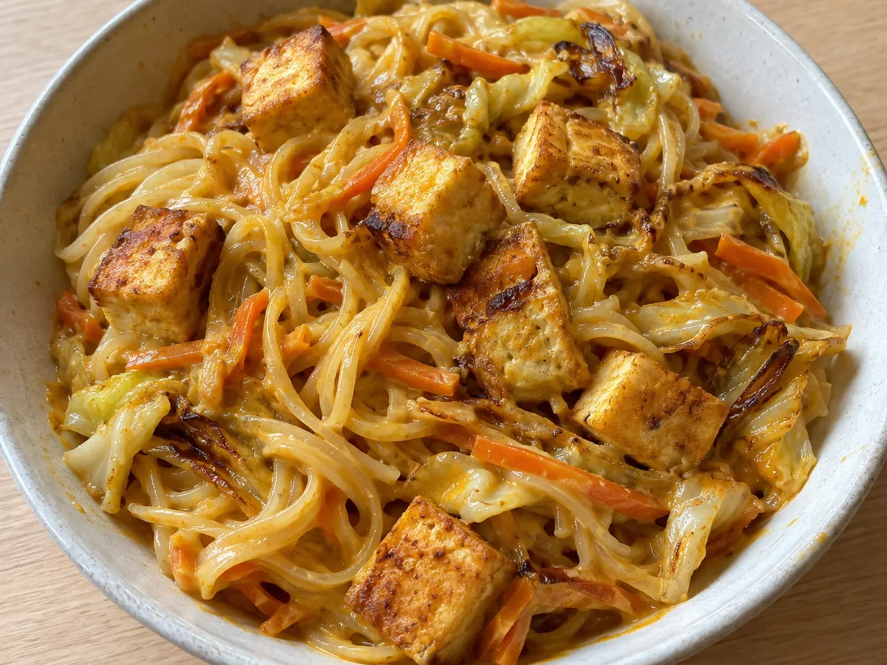 Thai-Style Curry Noodles with Caramelized Cabbage and Tofu