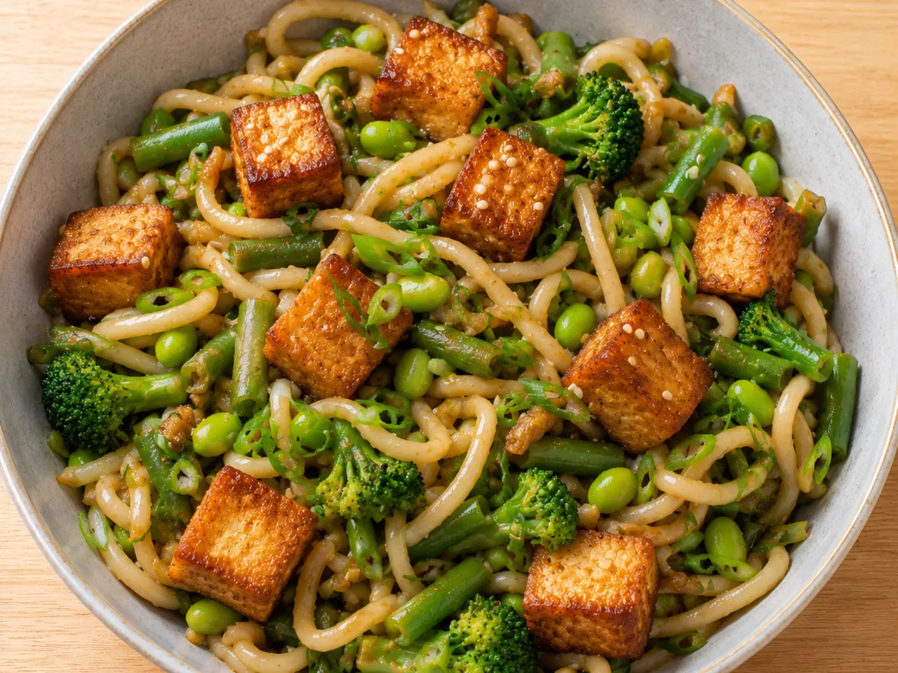 Crispy Tofu Udon with Edamame, Green Beans and Broccoli