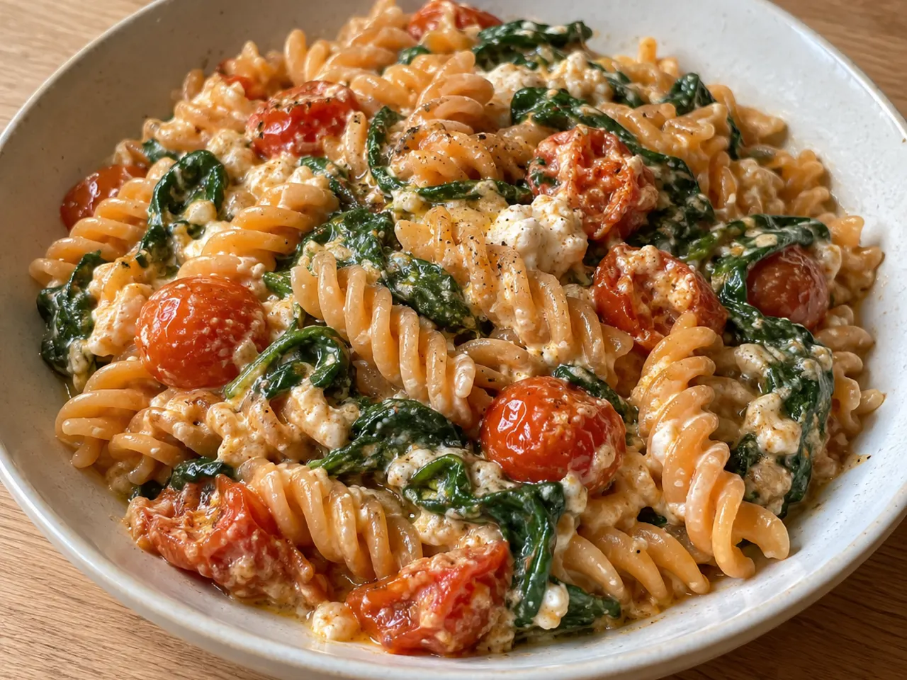 Creamy Red Lentil Pasta with Spinach, Cherry Tomatoes and Cottage Cheese