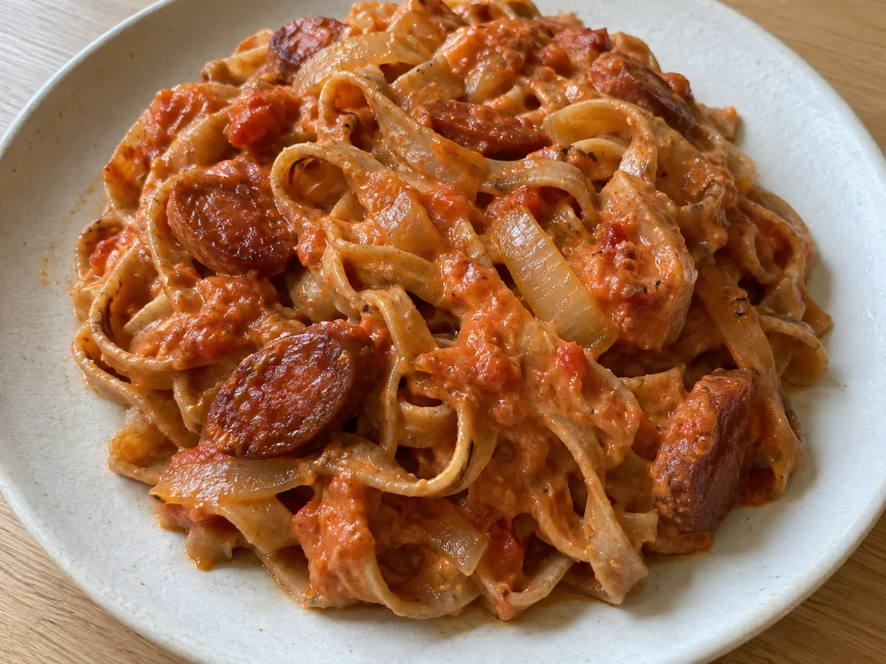 Whole Wheat Tagliatelle with Chorizo and Roasted Vegetable Oat Cream Sauce