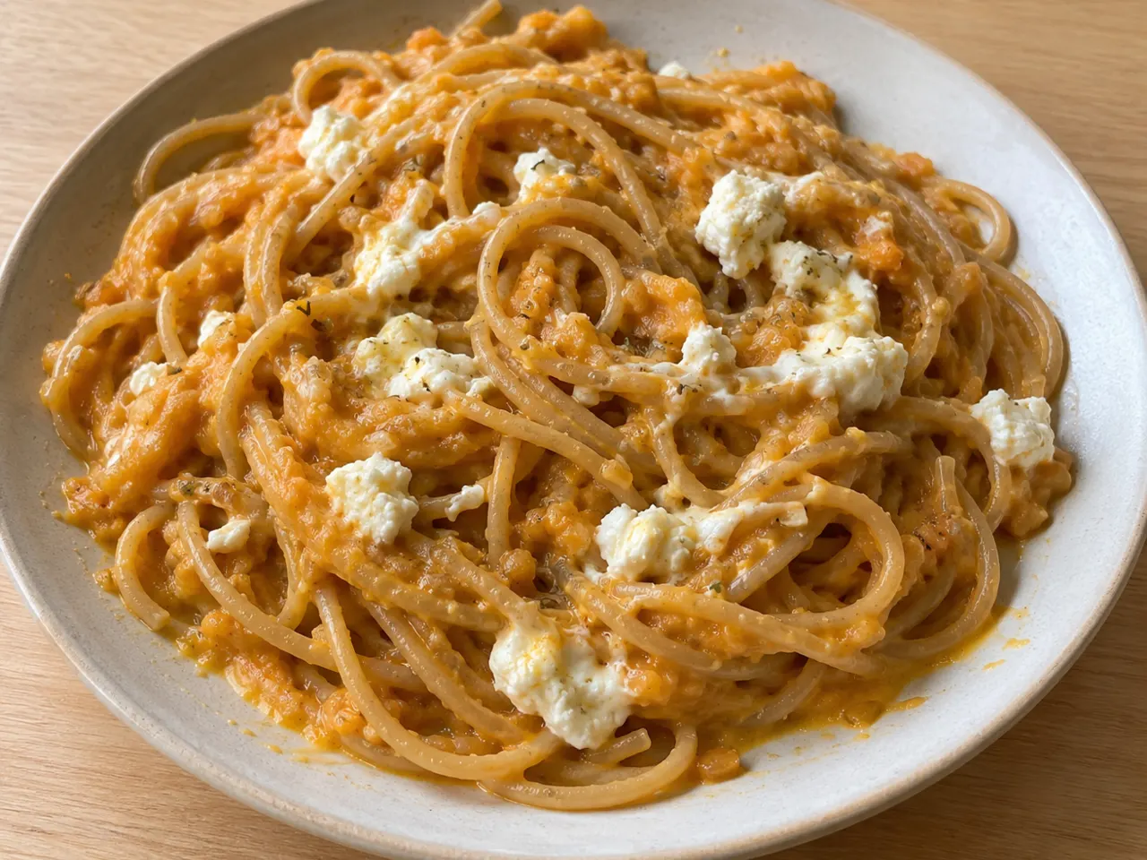 Pasta with Red Lentil-Parsnip Sauce and Goat Cheese