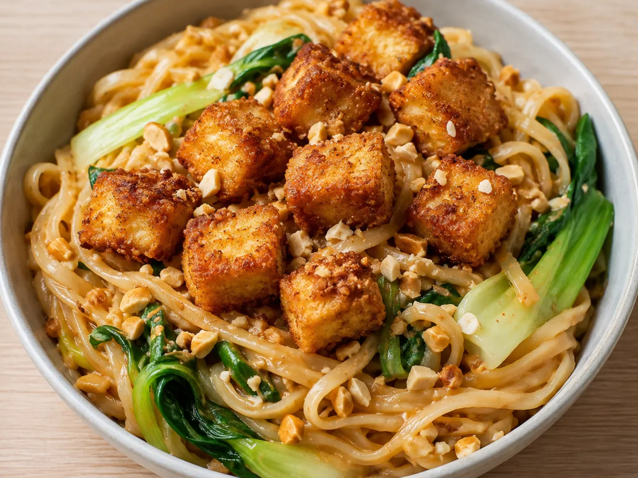 Thai Peanut Noodles with Crispy Tofu and Bok Choy
