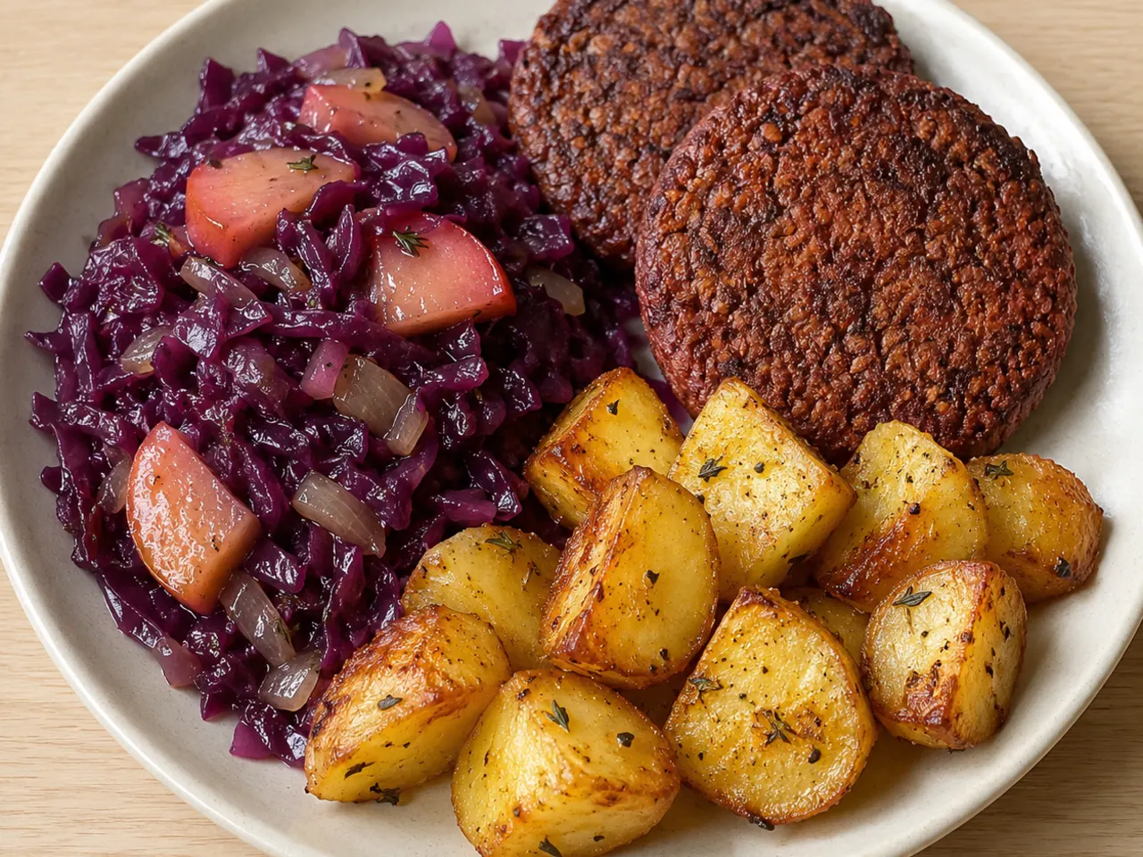 Braised Red Cabbage and Apple with Roasted Potatoes with quorn burgers