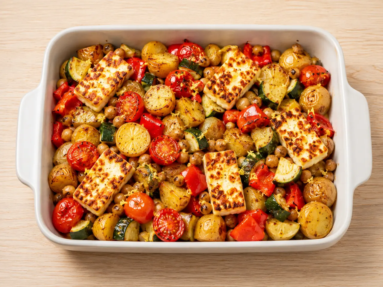 Lemony Halloumi Tray Bake with Chickpeas and Summer Vegetables