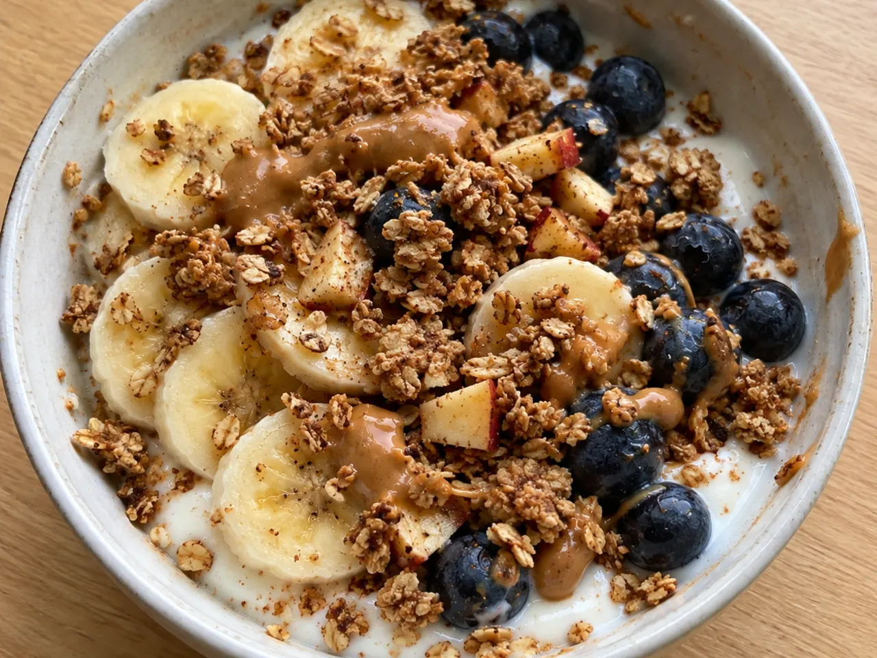 Soy Yogurt Protein Bowl with Banana, Blueberries and Peanut Butter