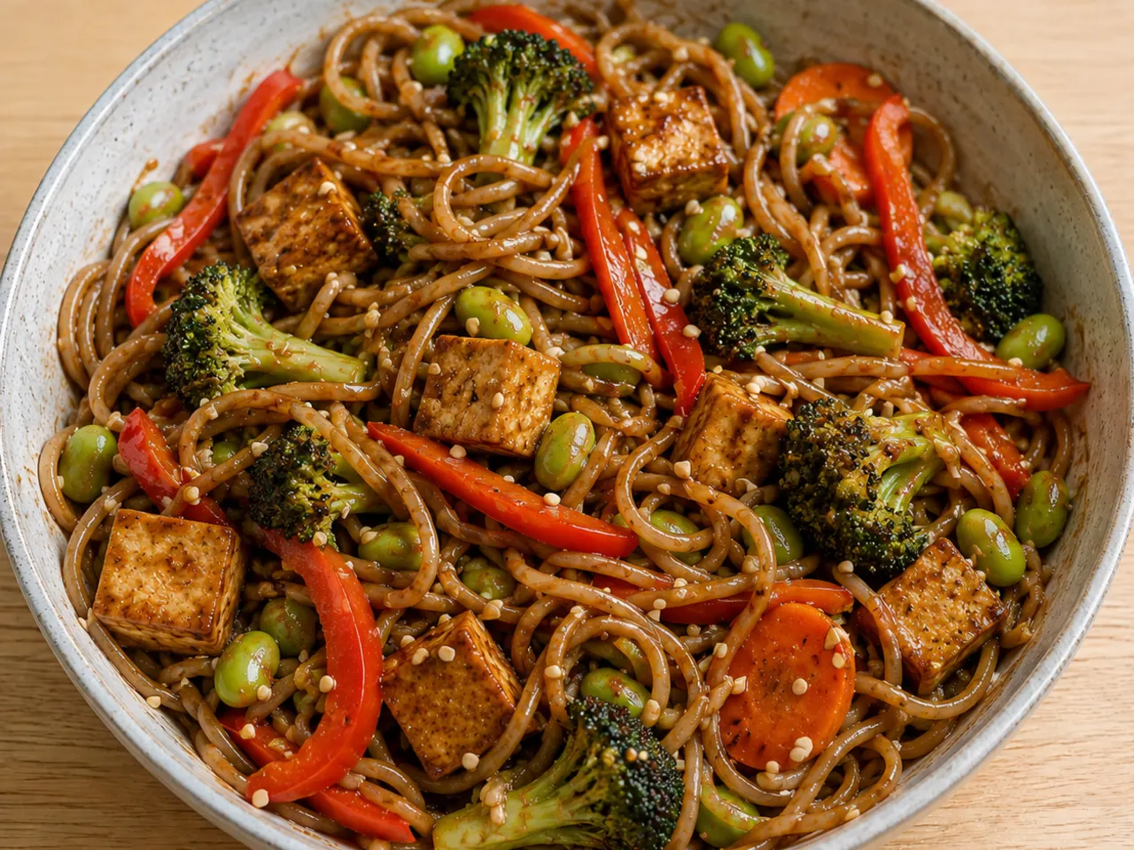 Whole Wheat Teriyaki Noodles with Tofu, Broccoli and Edamame
