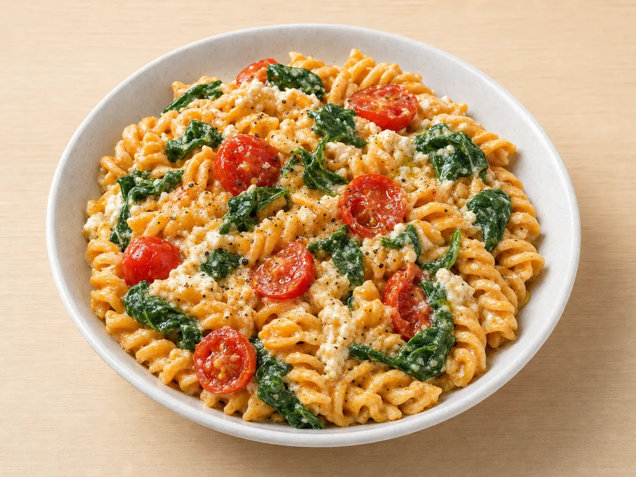 Creamy Red Lentil Pasta with Spinach, Cherry Tomatoes and Cottage Cheese