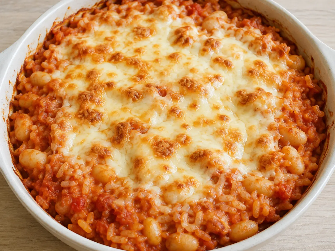 Tomato-Baked Rice with White Beans and Mozzarella