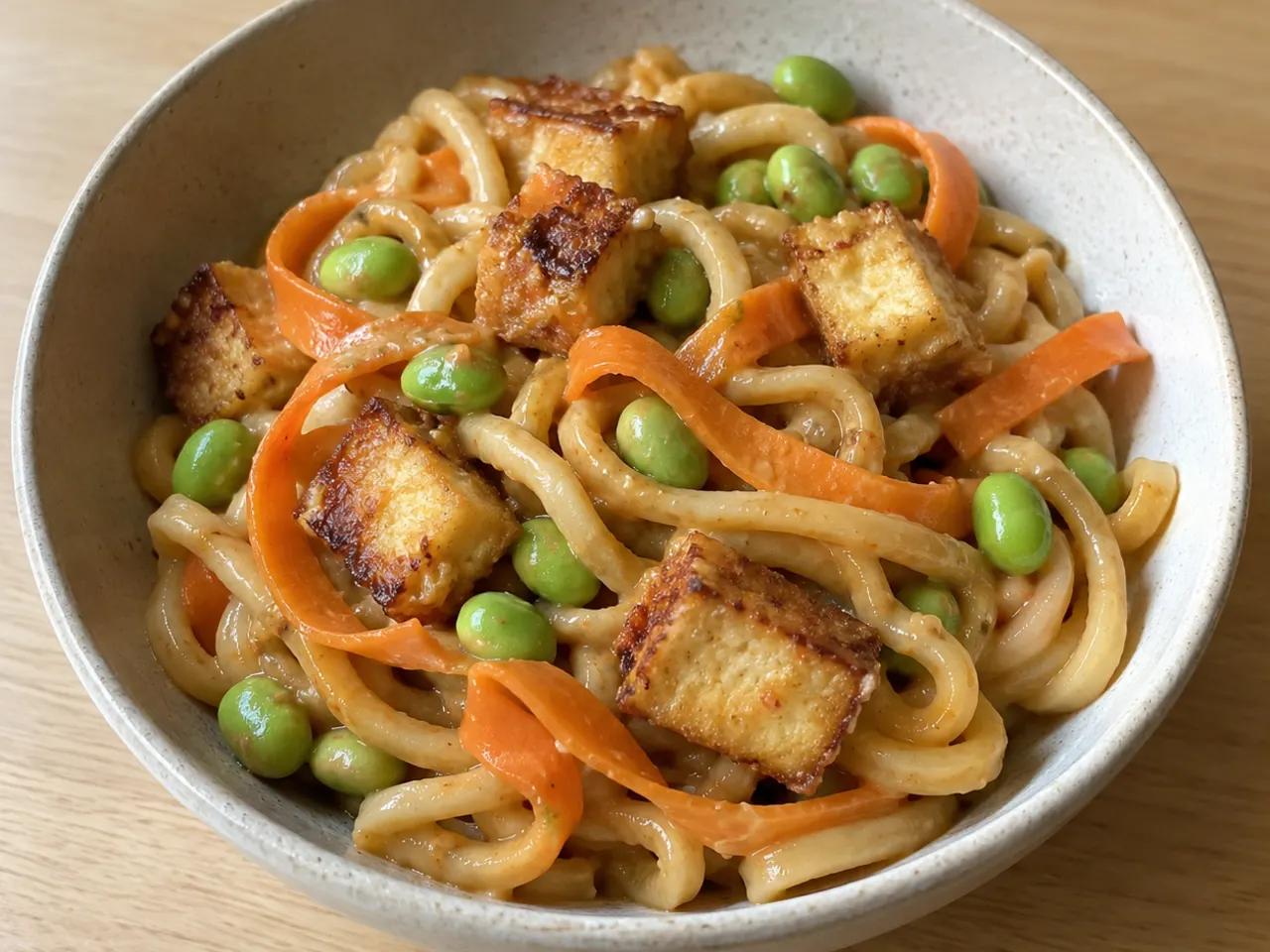 Peanut Udon with Crispy Tofu and Edamame