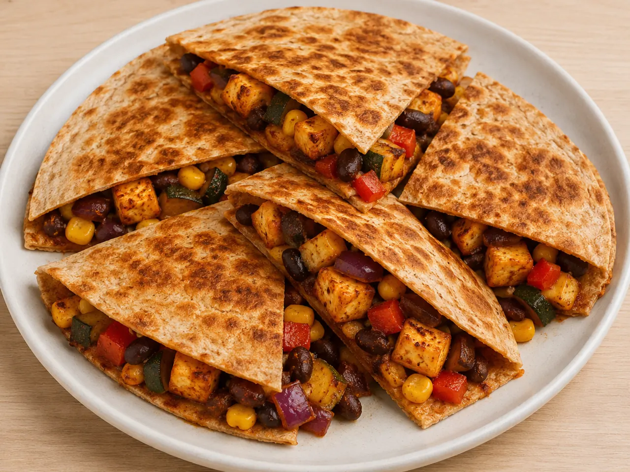 Paneer, Black Bean & Sweetcorn Quesadillas with Sautéed Vegetables