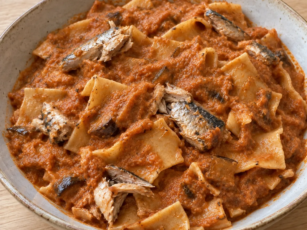 Rough-Cut Lasagna Pasta with Sardines and Roasted Eggplant Sauce