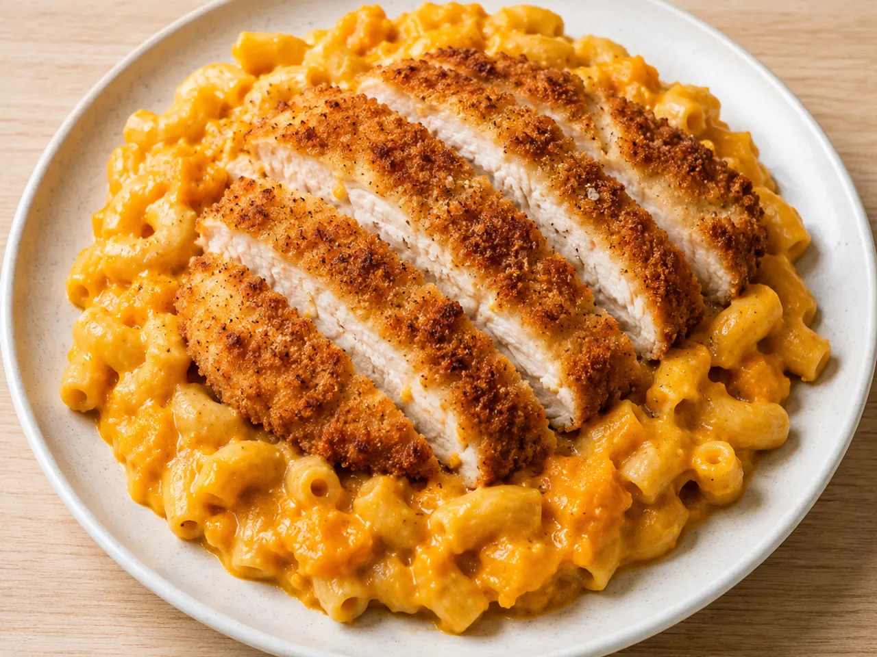 Breaded Chicken with Chickpea-Lentil Pasta and Creamy Butternut Carrot Sauce