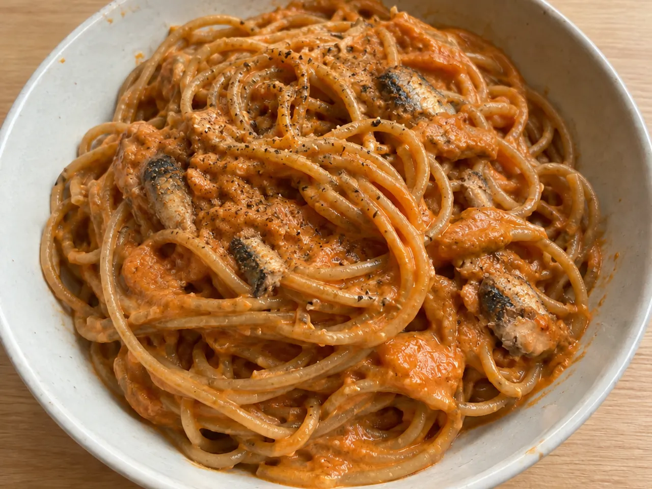 Whole-Wheat Spaghetti with Roasted Tomato Mascarpone Sauce and Sardines