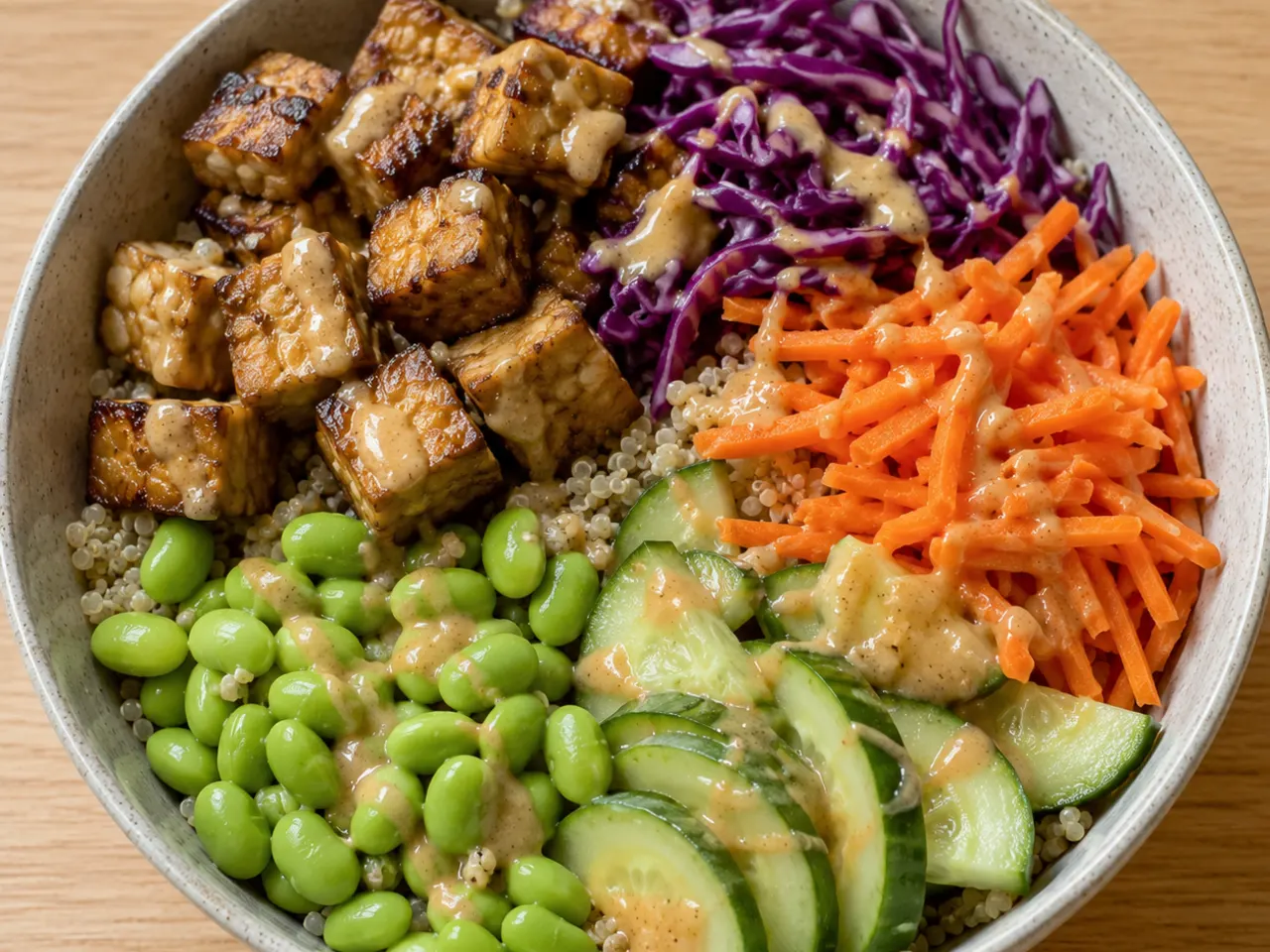 Tempeh and Edamame Buddha Bowl with Light Peanut Sauce