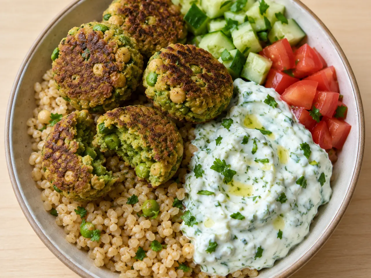 Green Pea Falafel Bulgur Bowl with Herbed Skyr