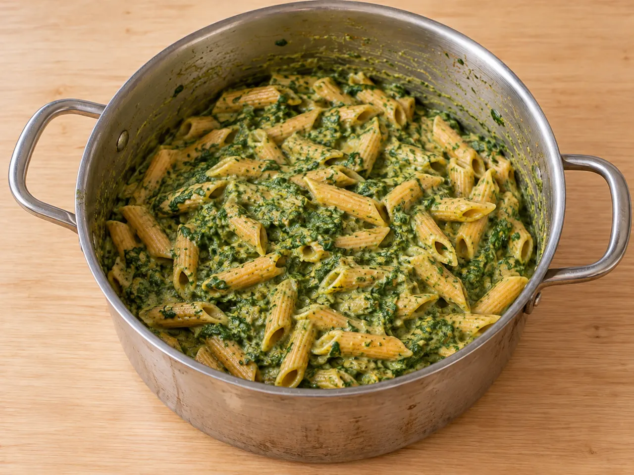 High Protein Quick Creamy Red Lentil Penne with Spinach