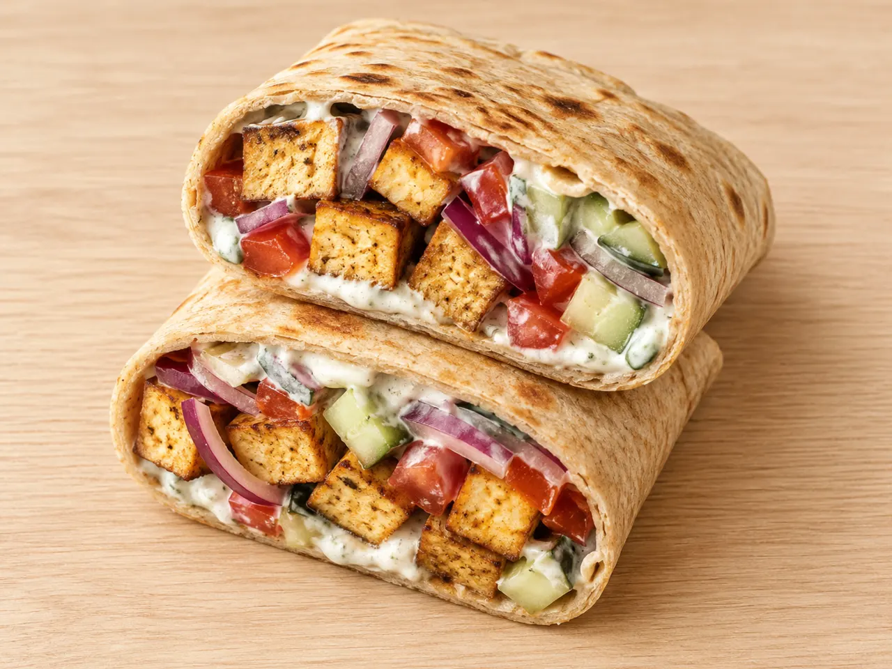 High protein Tex-Mex Tofu Lavash Wraps with Quick Tzatziki, Tomatoes and Red Onion