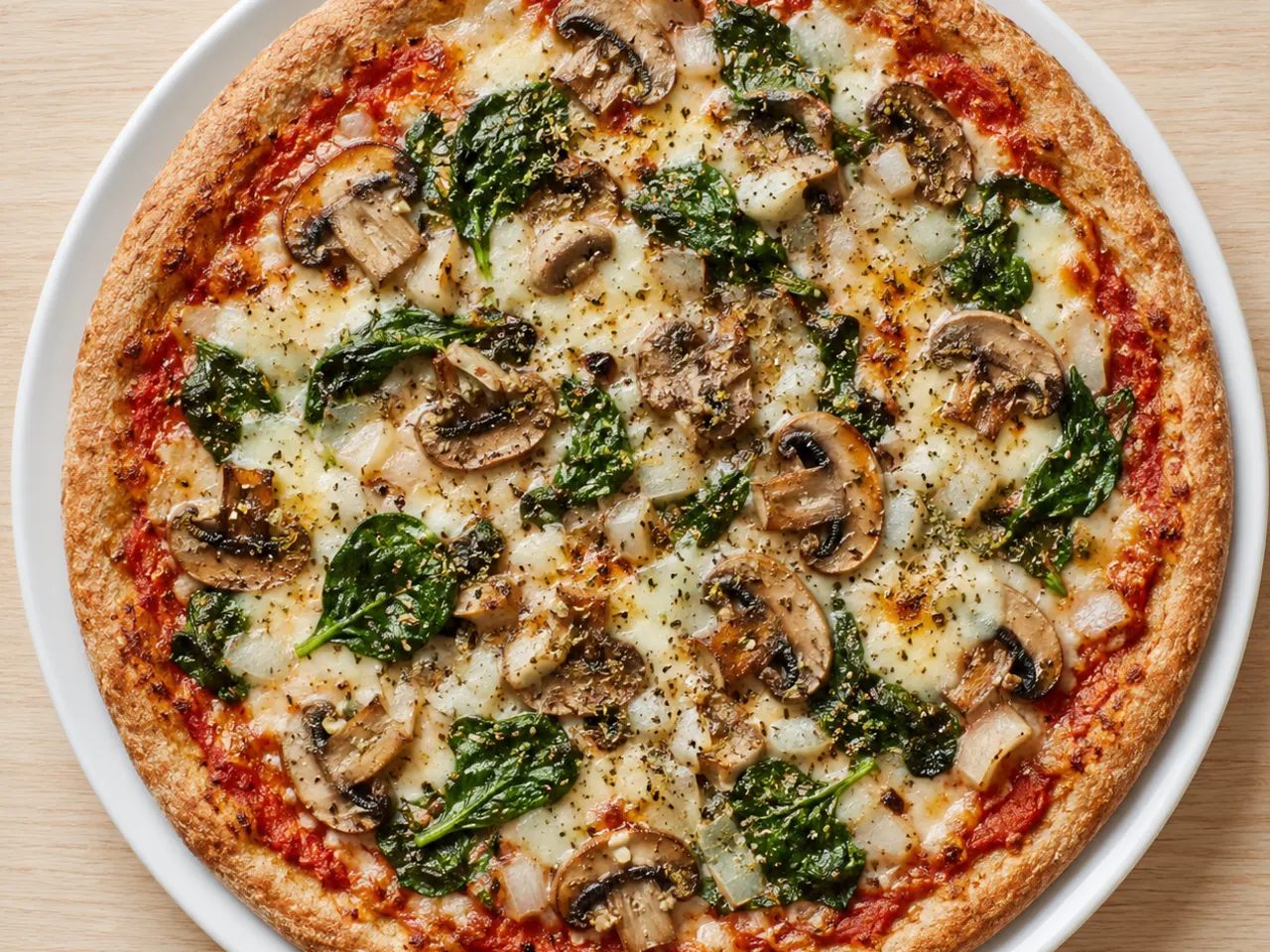 Vegetarian Protein-Boost Pizza with Homemade Tomato Sauce, Mozzarella, Mushrooms & Spinach