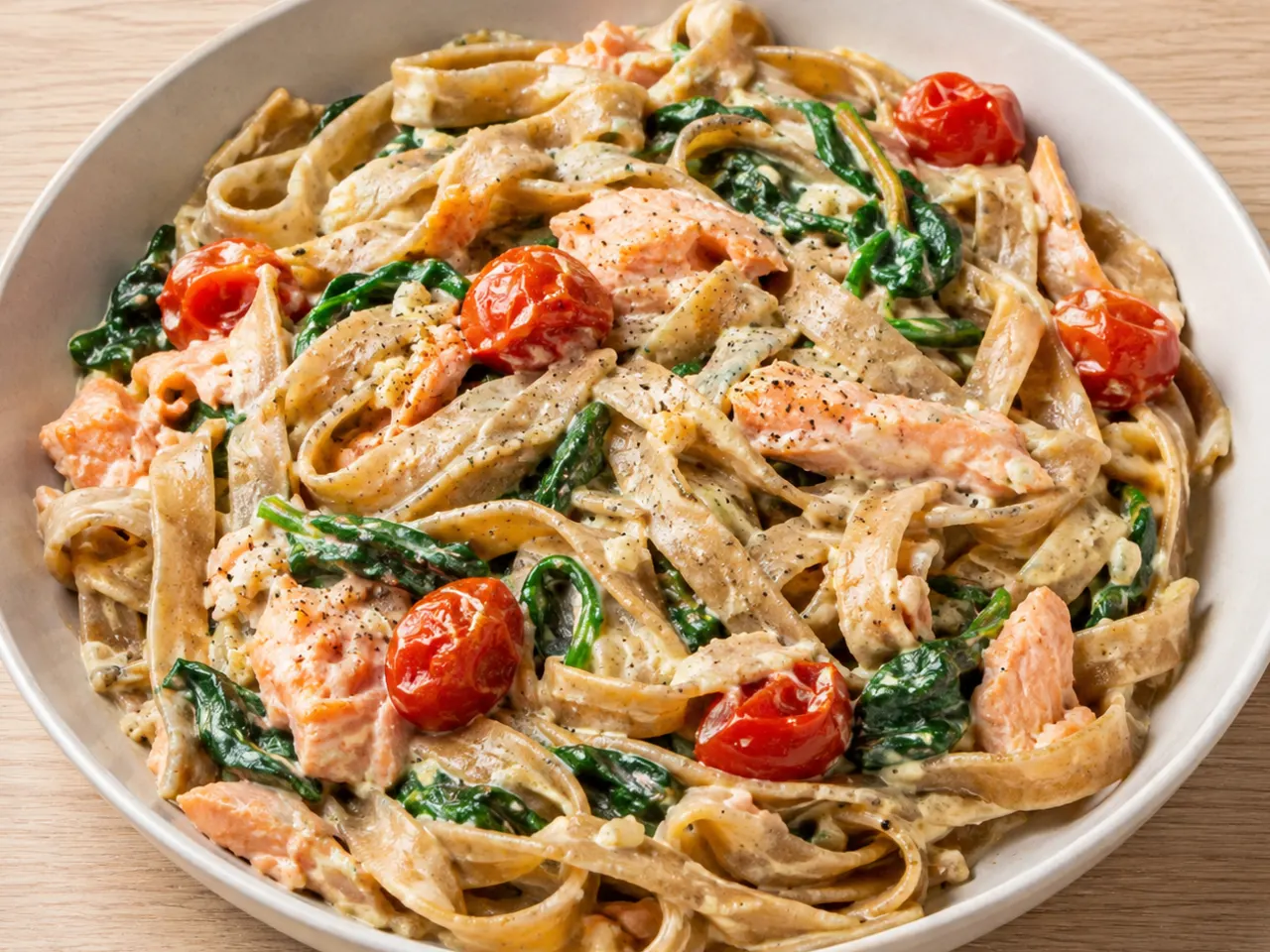 Creamy Whole Wheat Tagliatelle with Salmon, Spinach and Tomatoes